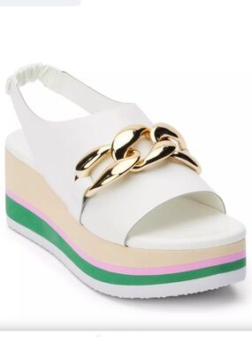 Matisse White Wedge Sandal with Gold Chain and Colorful Stripes